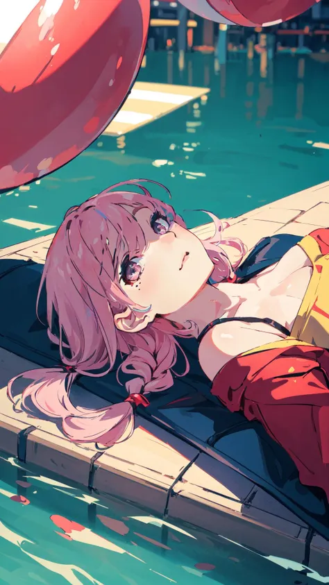 (high quality, best quality, 4k, 2k, (intricate:1.1), (high detail:1.3)), (Floating Market on a Calm River, depth of field), (official wallpaper, volumetric lighting, dynamic lighting),
1girl, solo, Raspberry pink hair, Ash gray eyes, medium breasts,
Messy Side Braid, Off-the-shoulder balloon sleeve top in a pastel hue., Faux leather leggings with a moto-style detail.,
Wide-eyed,
looking at viewer, laying down