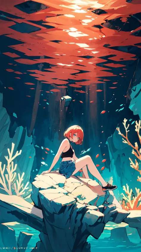 (high quality, best quality, 4k, 2k, (intricate:1.1), (high detail:1.3)), (Underwater Coral City with Luminescent Sea Life, depth of field), (official wallpaper, volumetric lighting, dynamic lighting),
1girl, solo, Denim hair, Cherry Cola eyes, flat chest,
Classic Ivy League Haircut, Racerback top, Flared corduroy skirt with a retro look.,
Hesitant,
looking at viewer, sitting