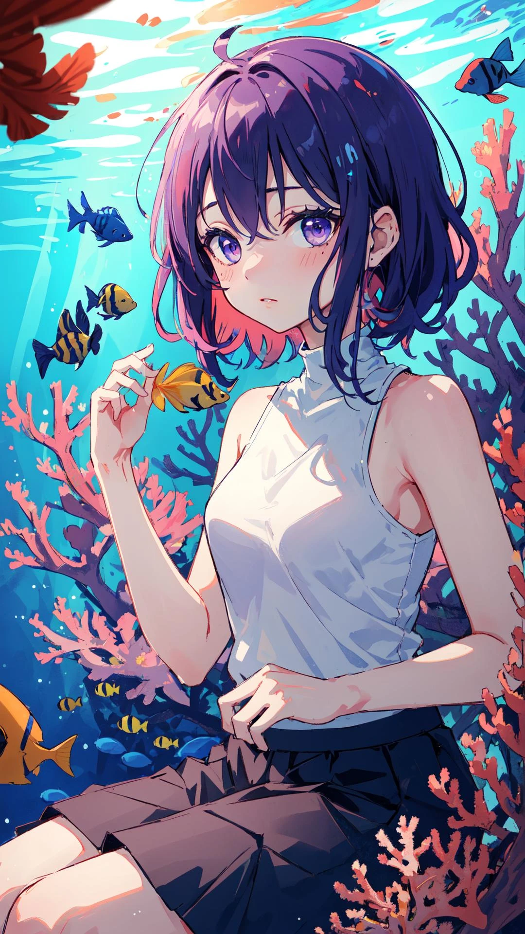 (high quality, best quality, 4k, 2k, (intricate:1.1), (high detail:1.3)), (Dreamy underwater world with colorful coral reefs and tropical fish, depth of field), (official wallpaper, volumetric lighting, dynamic lighting),
1girl, solo, Pastel Purple hair, Wheat eyes, medium breasts,
Short Messy Hair with Side Part, High-neck sleeveless tank top with a flowy silhouette., Gauze maxi skirt,
Triumphant,
looking at viewer, seated