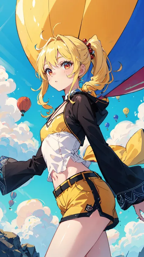 (high quality, best quality, 4k, 2k, (intricate:1.1), (high detail:1.3)), (Whimsical hot air balloons floating in a clear blue sky, depth of field), (official wallpaper, volumetric lighting, dynamic lighting),
1girl, solo, Lemon yellow hair, Copper Red eyes, small breasts,
Bubble Ponytail with Pearl Hairpin, Bell-sleeve top, Shorts,
Defensive,
looking at viewer, standing