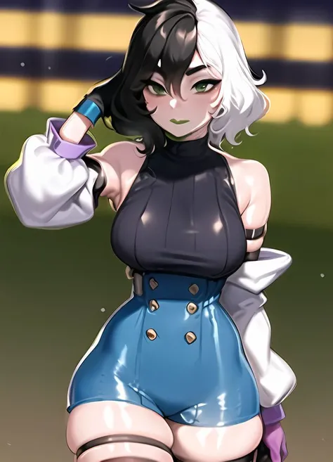 masterpiece, Fuya <lora:Fuya-18:1>, 1girl, <lora:yorra_villeneuve-09:1> yorra_villeneuve, (green eyes, green lips), (thigh strap, single thighhigh,purple high waist shorts, black sweater , long sleeves, single glove:1.2)