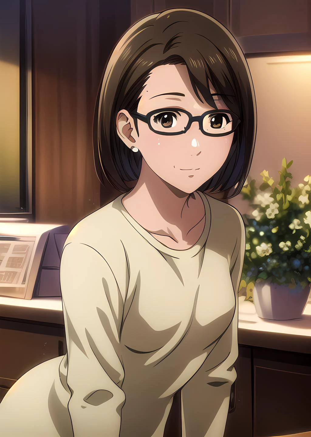 (masterpiece, best quality, intricate details, ultra details, ultra quality, highres, best shadow, best illumination, 4k)<lora:KasenTosu:0.7><lora:Eyes:0.6>, KasenTosu, small breasts, detailed face:1, brown eyes, glasses, city background, detailed background, warm lighting, colorful