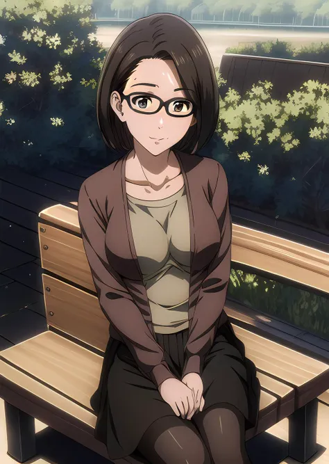 (masterpiece, best quality, intricate details, ultra details, ultra quality, highres, best shadow, best illumination, 4k)<lora:KasenTosu:0.7><lora:Eyes:0.6>, KasenTosu, small breasts, sitting, bench:1.5, detailed face:1, brown eyes, glasses, open cardigan, pantyhose, park background, detailed background, warm lighting, colorful