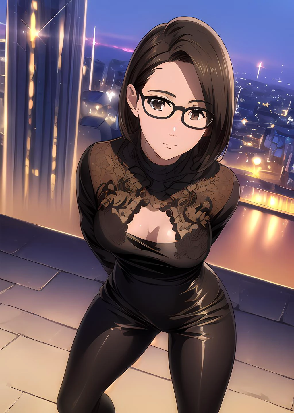 (masterpiece, best quality, intricate details, ultra details, ultra quality, highres, best shadow, best illumination, 4k)<lora:KasenTosu:0.7><lora:Eyes:0.6>, KasenTosu, full body shot, dynamic pose, small breasts, detailed face:1, brown eyes, glasses, city background, detailed background, warm lighting, colorful