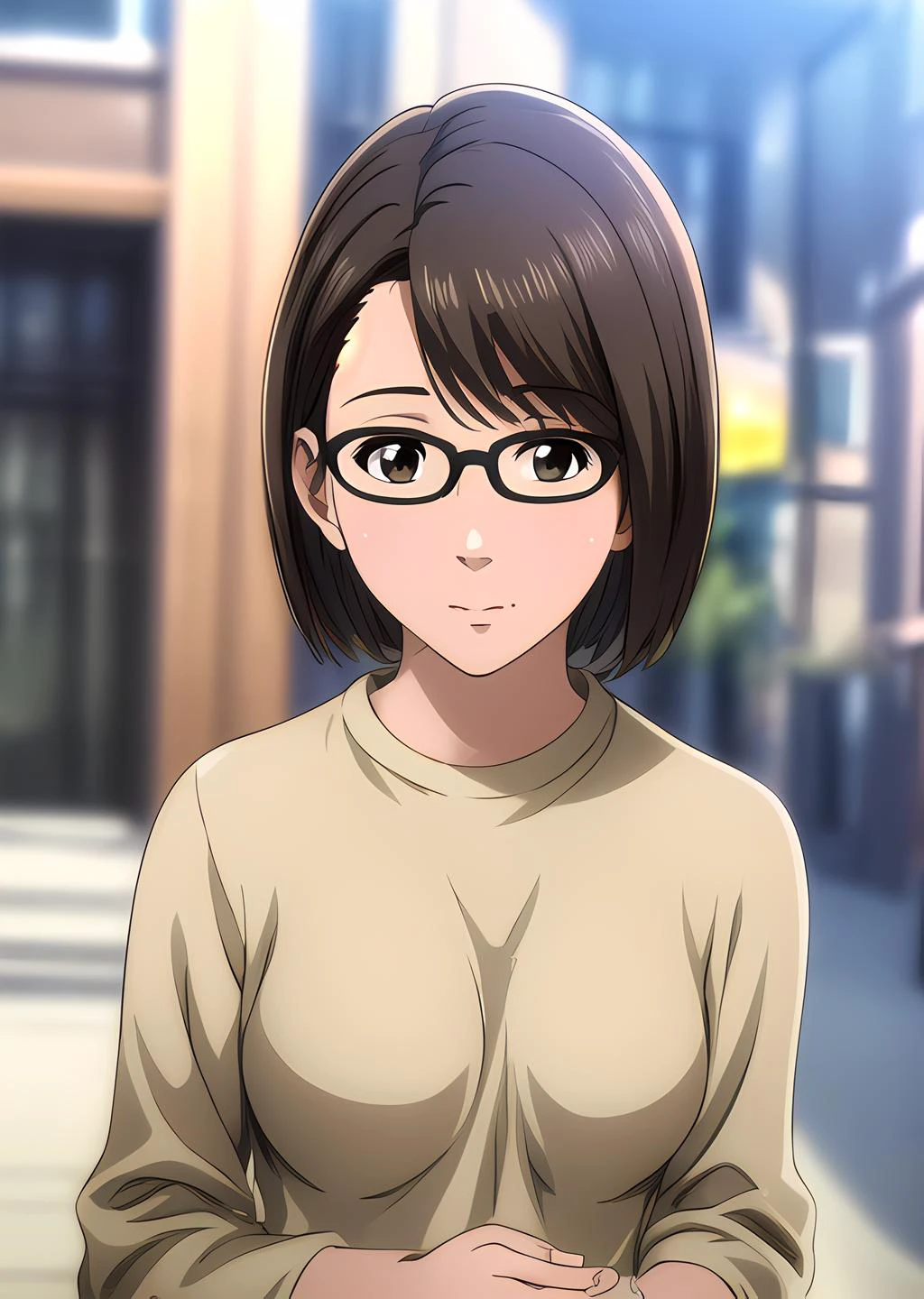 (masterpiece, best quality, intricate details, ultra details, ultra quality, highres, best shadow, best illumination, 4k)<lora:KasenTosu:0.7><lora:Eyes:0.6>, KasenTosu, small breasts, detailed face:1, brown eyes, glasses, city background, detailed background, warm lighting, colorful