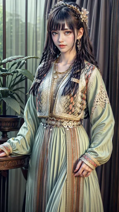 masterpiece,best quality,(detailed face, perfect face, perfect eyes, realistic eyes, perfect fingers),(clear face),fantasy girl,long hair,jewelry,earrings,looking at viewer,intricate,high detail,sharp focus,dramatic,beautiful girl,knees up,hotel room,standing,
<lora:add_detail:0.9>,
<lora:Mongolian princess costume_20230709153452:0.75> long sleeves, dress,traditional clothes,
