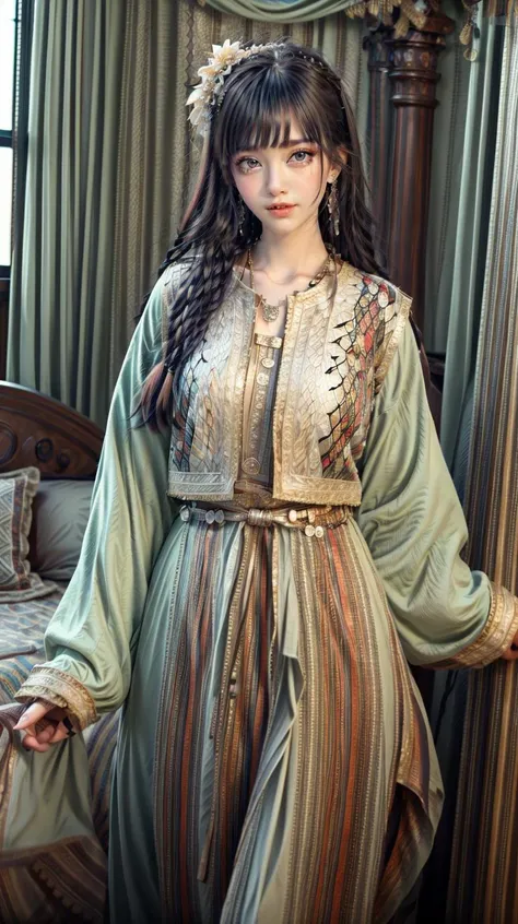 masterpiece,best quality,(detailed face, perfect face, perfect eyes, realistic eyes, perfect fingers),(clear face),fantasy girl,long hair,jewelry,earrings,looking at viewer,intricate,high detail,sharp focus,dramatic,beautiful girl,knees up,hotel room,standing,
<lora:add_detail:0.9>,
<lora:Mongolian princess costume_20230709153452:0.75> long sleeves, dress,traditional clothes,