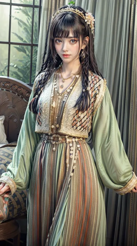 masterpiece,best quality,(detailed face, perfect face, perfect eyes, realistic eyes, perfect fingers),(clear face),fantasy girl,long hair,jewelry,earrings,looking at viewer,intricate,high detail,sharp focus,dramatic,beautiful girl,knees up,hotel room,standing,
<lora:add_detail:0.9>,
<lora:Mongolian princess costume_20230709153452:0.75> long sleeves, dress,traditional clothes,