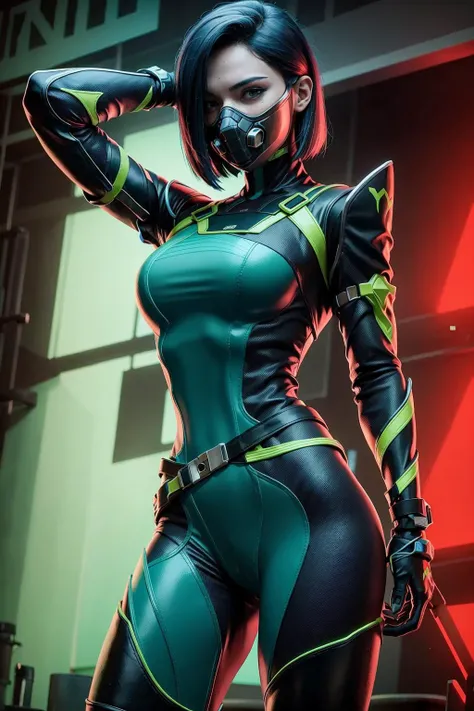 a woman in a green and black suit holding a gun, android heroine, katana zero video game character, lucio as a woman, as an overwatch character, rogue anime girl, clothed in stealth armor, girl in mecha cyber armor, overwatch character, as overwatch character, cyborg ninja, akali, akali from league of legends, valorant character