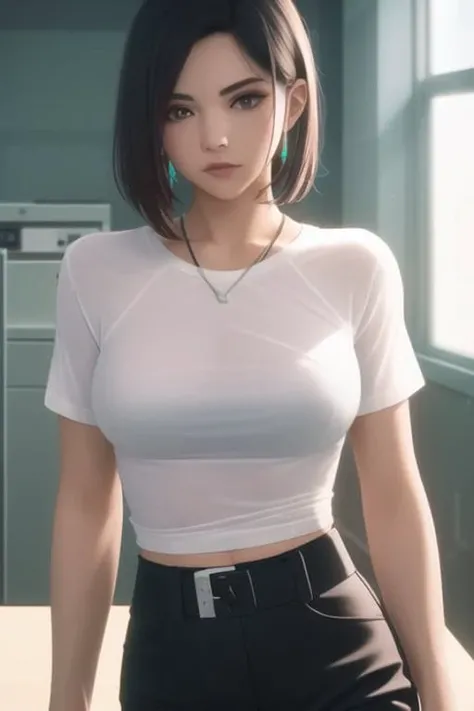 pixel-Viper with a white shirt and black pants in a laboratory, tight clothes, lab, masterpiece, photorealistic, realistic, (RAW photo, 8k uhd, film grain), caustics, subsurface scattering, dynamic shot, <hypernet:myhands_22k:0.75> <lora:viper-LoRA:0.6>