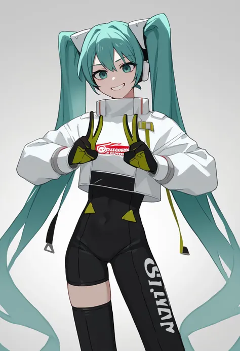 score_9, score_7_up, source_anime, simple background, white background, solo, 1girl, racingmiku2022, grin, looking at viewer, standing, double v, twintails, white jacket, cropped jacket, long sleeves, two-tone gloves, black gloves, green gloves, black bodysuit, single thighhigh, single thigh boot <lora:style_caststation_ponyXL-000030:1> <lora:vocaloid_racingmiku2022_ponyXL:1>