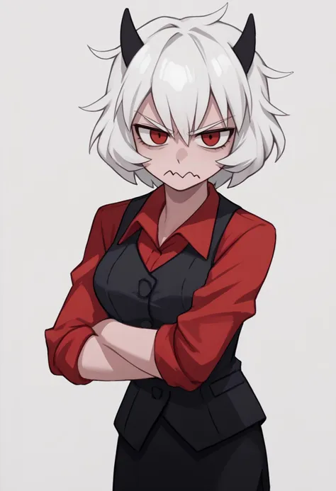 score_9, score_7_up, source_anime, simple background, white background, solo, 1girl, htmalina, unamused, wavy mouth, looking at viewer, standing, demon horns, red shirt, sleeves rolled up, black vest, waistcoat, black skirt, black pantyhose <lora:style_caststation_ponyXL-000030:1> <lora:helltaker_malina_ponyXL:1>