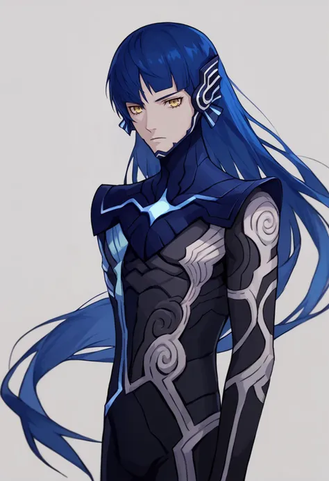 score_9, score_7_up, source_anime, simple background, white background, solo, male focus, 1boy, nahobino, expressionless, looking at viewer, standing, long hair, blue hair, yellow eyes, bodysuit, armor <lora:style_caststation_ponyXL-000030:1> <lora:SmtV-Protag-pdxl_Fp:1>