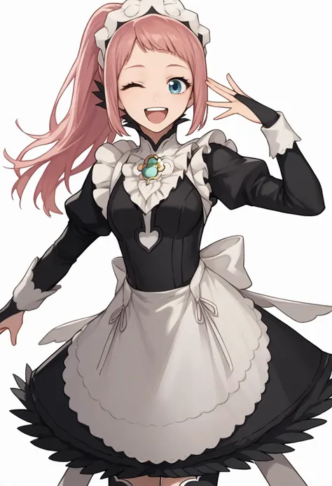 score_9, score_7_up, source_anime, simple background, white background, solo, 1girl, feliciadef, happy, upper teeth, looking at viewer, standing, pink hair, ponytail, blue eyes, one eye closed, maid headdress, brooch, maid apron, black thighhighs, bridal gauntlets <lora:style_caststation_ponyXL-000030:1> <lora:felicia-fe-richy-v1_xl:0.9>