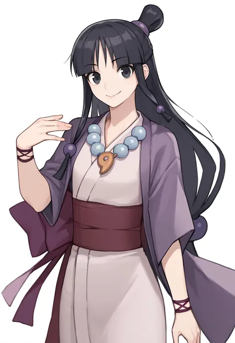 score_9, score_7_up, source_anime, simple background, white background, solo, 1girl, maya fey, smile, closed mouth, looking at viewer, standing, half updo, hair ornament, japanese clothes, kimono, sash, necklace, magatama <lora:style_caststation_ponyXL-000030:1> <lora:aa_mayafey_ponyXL:1>