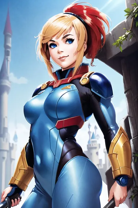 1girl, solo, samus aran, (blonde hair), ((blue eyes)), janrock-12000, ponytail, detailed face, detailed eyes, intricate details, (portrait), ((detailed pupils)), short hair, (zero suit), bodysuit, thick body, ((jungle)), street fighter, (((upper body))), looking at viewer, closed mouth, seductive smile, modelshoot style, (((kuvshinov))), (((fantasy))), ((castle))