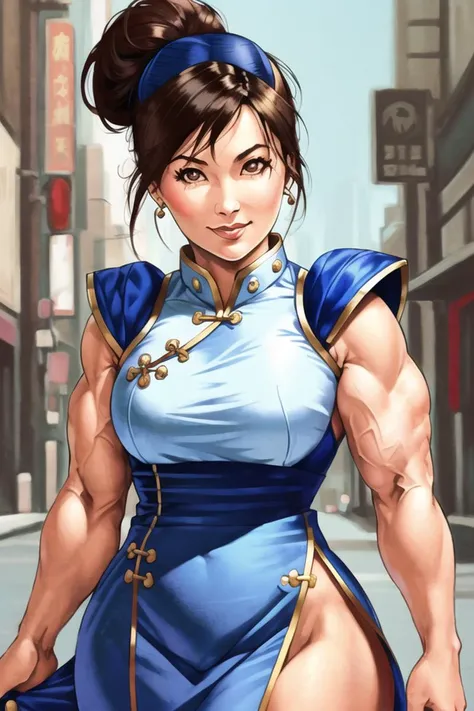 1girl, solo, chun-li, brown hair, ((brown eyes)), janrock-12000, double bun, detailed face, detailed eyes, intricate details, (portrait), ((detailed pupils)), short hair, (chinese dress), thick body, cityscape, street fighter, (((upper))), looking at viewer, closed mouth, seductive smile,