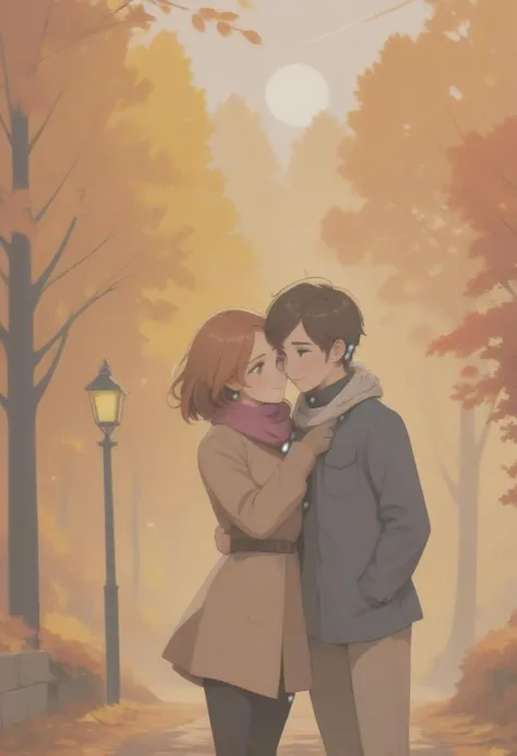 Minimalist style romance novel cover, (playful) and romantic scene with bright, cheerful colors, charming illustration of a Yuri couple in a ((cute humorous situation)), playful pose, light-hearted, warm, inviting, capturing the essence of a feel-good rustic autumn. Yuri, lesbian