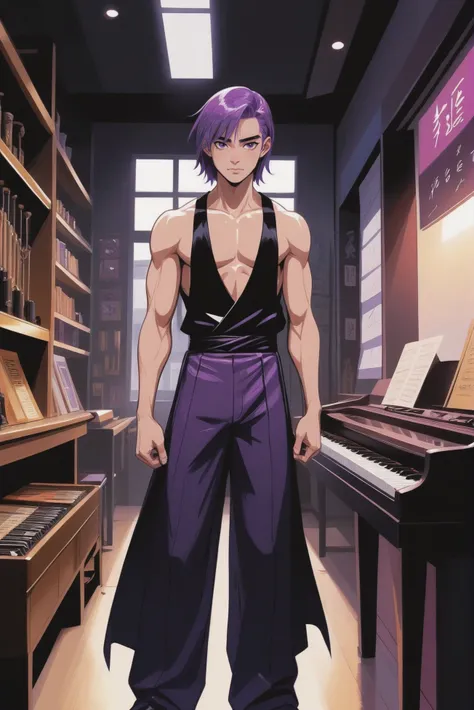 fine art comic book style, (full body:1.2), 1boy, man, solo, [:formal costume design,:0.2] wizard, (pants:1.3), long dress, japanese, shiny violet hair, (muscular:1) build brightly lit interior, in a Odorless musical instrument shop<lora:EnvyStarlightToon01:1>