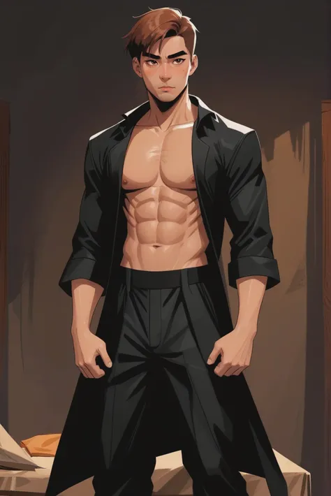 fine art comic book style, (full body:1.2), 1boy, man, ruggedly handsome, solo, [:creative costume design,:0.2] priest, (asian:1.3), vivid rosybrown hair, (athletic:1) build Workshop \(room\) <lora:EnvyStarlightToon01:1>