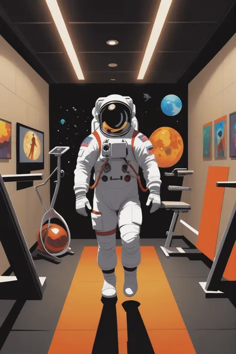 fine art comic book style, Astronaut Exercise and Fitness Room \(room\) <lora:EnvyStarlightToon01:1>