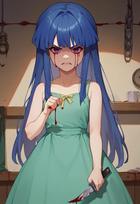 score_9, score_8_up, score_7_up, 1girl, bloody tears,  <lora:Bloody tears-000009:1>    <lora:Furude Rika:1> furude rika, blue hair, purple eyes, green dress, angry, looking at viewer, indoors, holding knife,