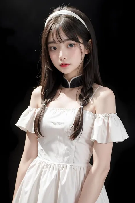 1girl,hair with bangs,white long dress, ,black background, <lora:_ttqueen-04:1>