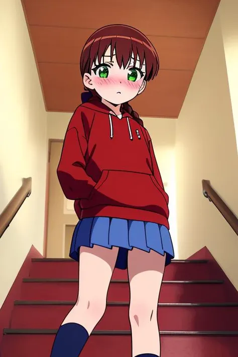 masterpiece,ultra detail,best quality,anime,girl focus,girl,MiyanoshitaSatsuki,blush,from below,petite,close up,blush,1girl, solo, green eyes, brown hair, braid, long hair, hair bow, red hoodie,blue miniskirt<lora:Miyanoshita_Satsuki:0.7> <lora:Kaidan_school_SD15_V4:0.7>,kaidan, stairs,school, indoors, tiles, hallway, window