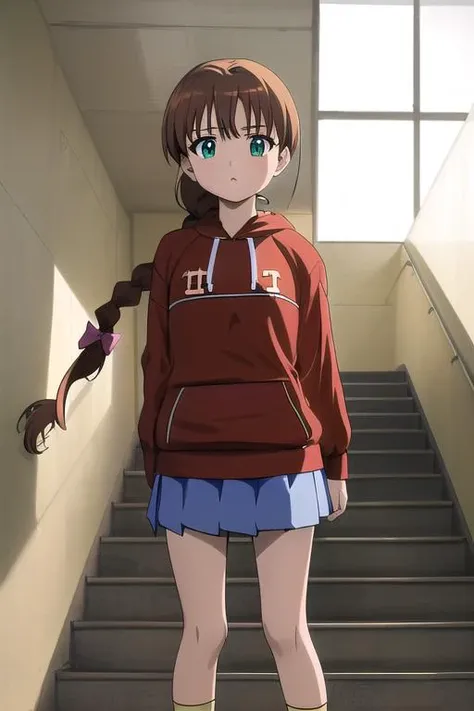masterpiece,ultra detail,best quality,anime,girl focus,girl,MiyanoshitaSatsuki, 1girl, solo, green eyes, brown hair, braid, long hair, hair bow, red hoodie,blue miniskirt<lora:Miyanoshita_Satsuki:0.7> <lora:Kaidan_school_SD15_V4:0.7>,kaidan, stairs,school, indoors, tiles, hallway, window