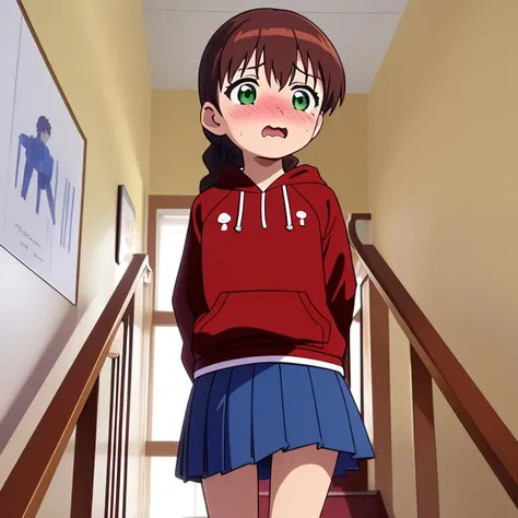 masterpiece,ultra detail,best quality,anime,girl focus,girl,MiyanoshitaSatsuki,blush,from below,petite,close up,blush,1girl, solo, green eyes, brown hair, braid, long hair, hair bow, red hoodie,blue miniskirt<lora:Miyanoshita_Satsuki:0.7> <lora:Kaidan_school_SD15_V4:0.7>,kaidan, stairs,school, indoors, tiles, hallway, window
