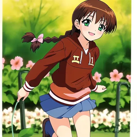 masterpiece,ultra detail,best quality,MiyanoshitaSatsuki,petite,close up,blush,1girl, solo, green eyes, brown hair, braid, long hair, hair bow,smile, red hoodie,blue miniskirt<lora:Miyanoshita_Satsuki:0.7> school garden,flower