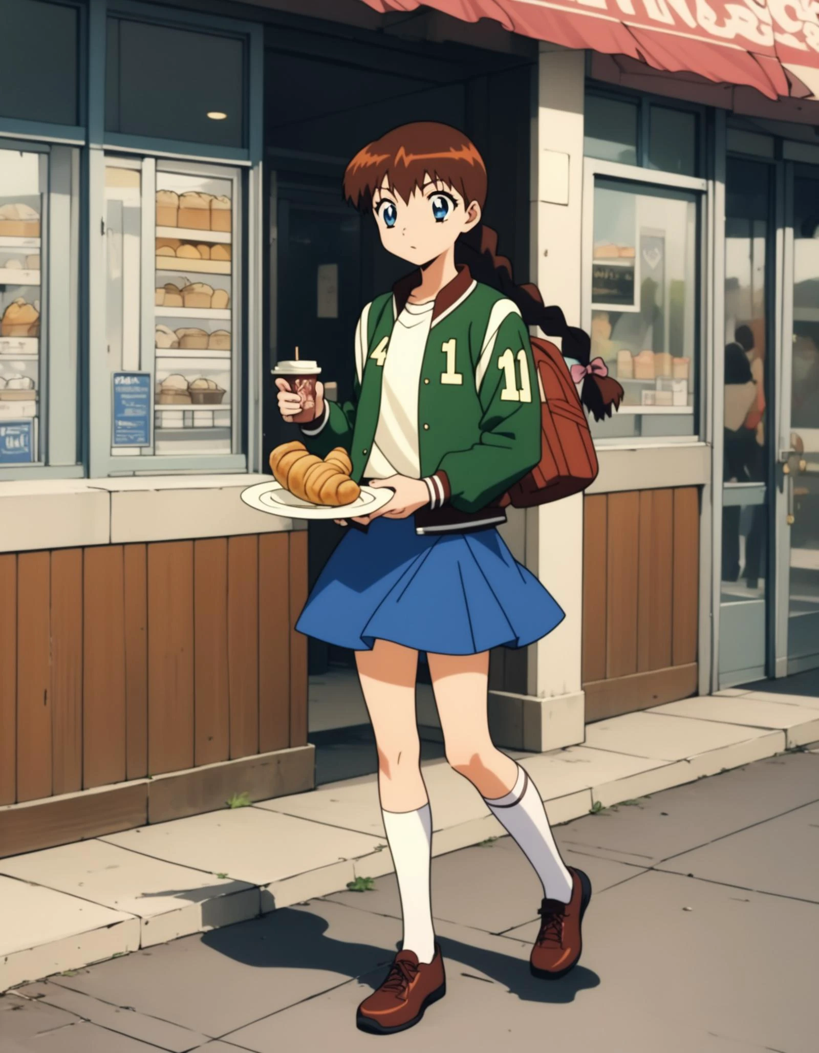 score_9, score_8_up, score_7_up, source_anime <lora:Miyanoshita_Satsuki_XL:1> MiyanoshitaSatsuki, skirt, brown hair, braid, socks, long sleeves, jacket, shoes, letterman jacket, blue eyes, long hair,
1girl, solo, disposable cup, croissant, cafe