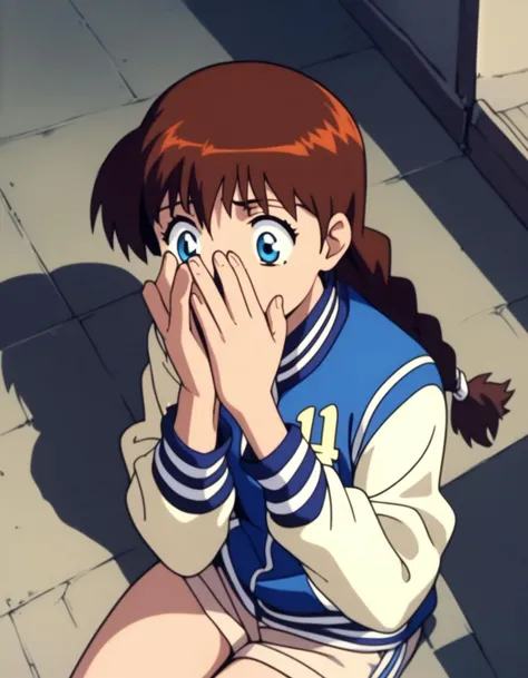 score_9, score_8_up, score_7_up, score_6_up, score_5_up, score_4_up 1girl, solo, <lora:Miyanoshita_Satsuki_XL:1> MiyanoshitaSatsuki, blue eyes, long hair, brown hair, braid,
long sleeves, jacket, letterman jacket,
on floor, sitting, covering face, shadow, from above, dim lighting, indoors, night, scared