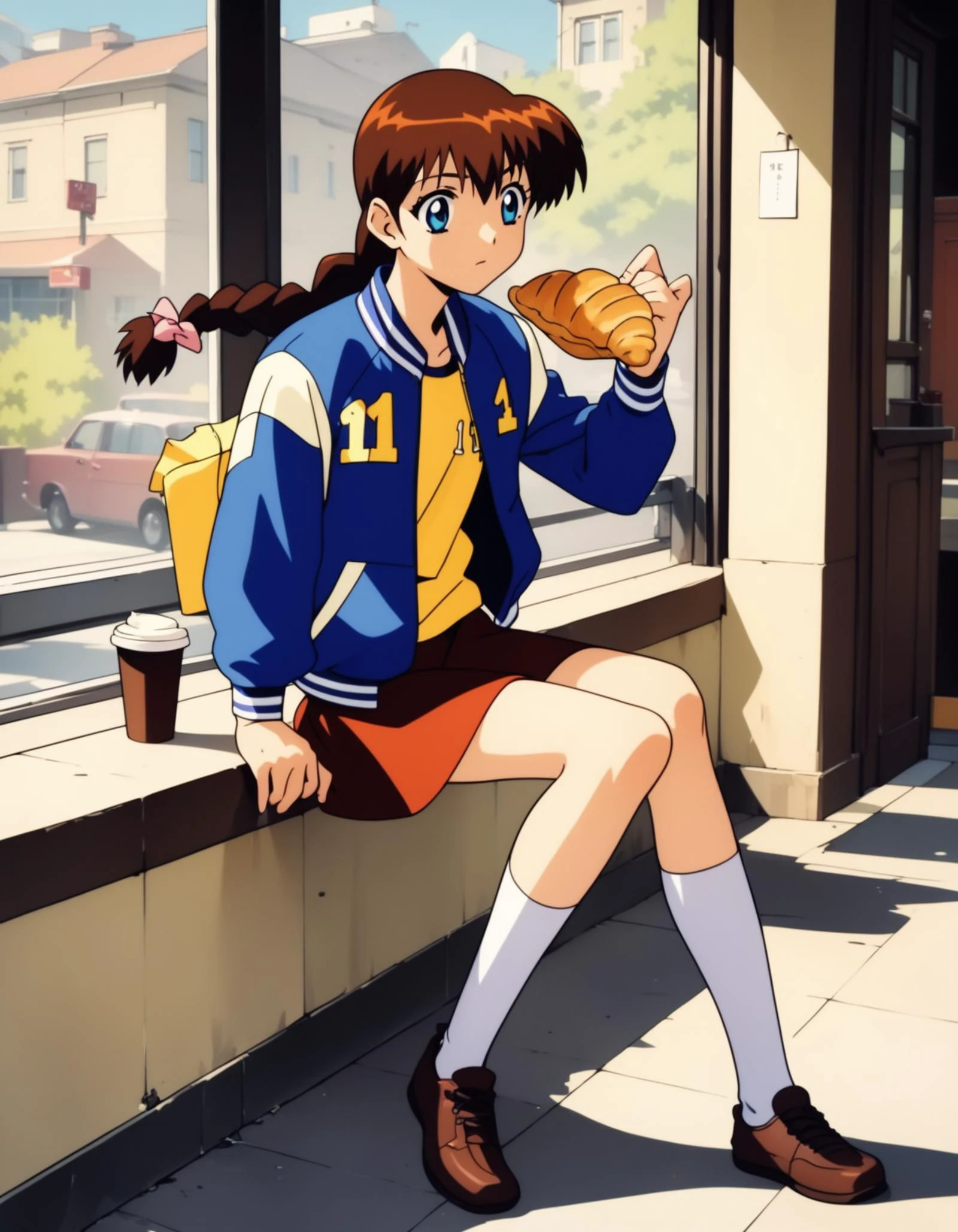 score_9, score_8_up, score_7_up, source_anime <lora:Miyanoshita_Satsuki_XL:1> MiyanoshitaSatsuki, skirt, brown hair, braid, socks, long sleeves, jacket, shoes, letterman jacket, blue eyes, long hair,
1girl, solo, disposable cup, croissant, cafe