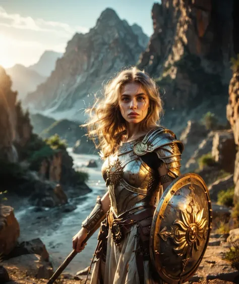 score_9, score_8, score_8_up, source_real, rating_safe, epic cinematic shot of a fierce female greek warrior holding a spear and a shield, standing on a rocky desert cliff edge at twilight. Her intricately designed armor, adorned with runes and battle scars, glistens in the fading golden light. Her long, flowing silver hair catches the wind as she strikes a powerful, poised stance. The spear, etched with ancient symbols, is held firmly in her right hand, while her left hand grips a massive shield decorated with an elaborate crest. Behind her, a dramatic desert landscape unfolds, featuring jagged mountains and a turbulent sky. The scene exudes intensity and determination, with her piercing gaze fixed on the horizon, ready to face whatever comes. The background captures a vast, mystical world filled with adventure and danger, trending on ArtStation.
 <lora:Pony_Weapon_Spear_and_Shield_-_By_HailoKnight:0.6>, OverallDetailXL, skindetailpxl, zPDXLrl, <lora:43stl1ght1ngXLP2:0.5>, dramatic lighting,  <lora:wreal_consolidated:0.8>