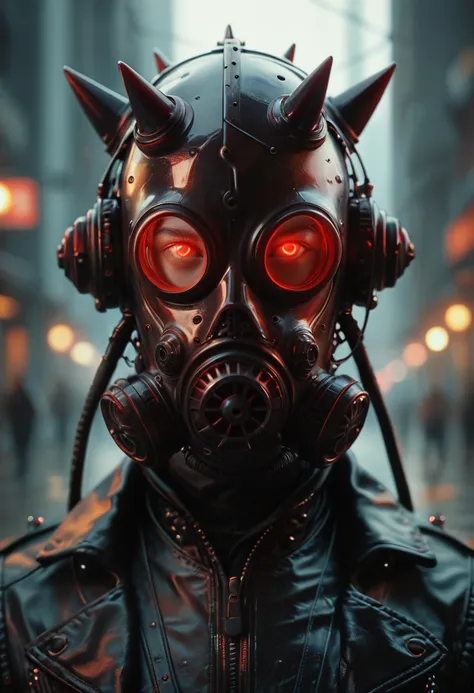 score_9, score_8_up, score_7_up,  looking at viewer, red eyes, jacket, upper body, open clothes, armor, blurry, open jacket, mask, glowing, helmet, glowing eyes, spikes, zipper, cable, leather, leather jacket, gas mask, cyberpunk, tube
 <lora:Gas_mask-000009:0.8>