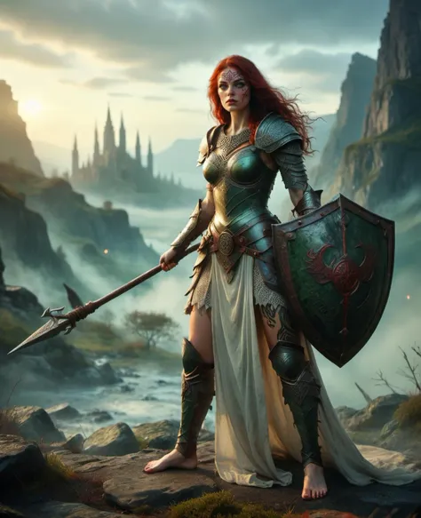 sscore_9, score_8, score_8_up, source_real, rating_safe, full body shot, epic cinematic shot, a fierce Celtic warrior queen holding a spear and a shield, standing on a misty moor at dusk, intricately designed iron armor, Celtic knots and battle scars, dim twilight light, long flowing red hair, wind, powerful poised stance, long spear with a dragon head tip, iron shield decorated with Celtic symbols, dramatic rugged landscape, rolling green hills, fog swirling around her feet, fiery green eyes fixed on the horizon, trending on ArtStation. <lora:Pony_Weapon_Spear_and_Shield_-_By_HailoKnight:0.60>, OverallDetailXL, zPDXLrl, shadow, shadow casting, <lora:Body Tattoo Pony_alpha1.0_rank4_noxattn_last:0.8>, body tattoo, face tattoo,