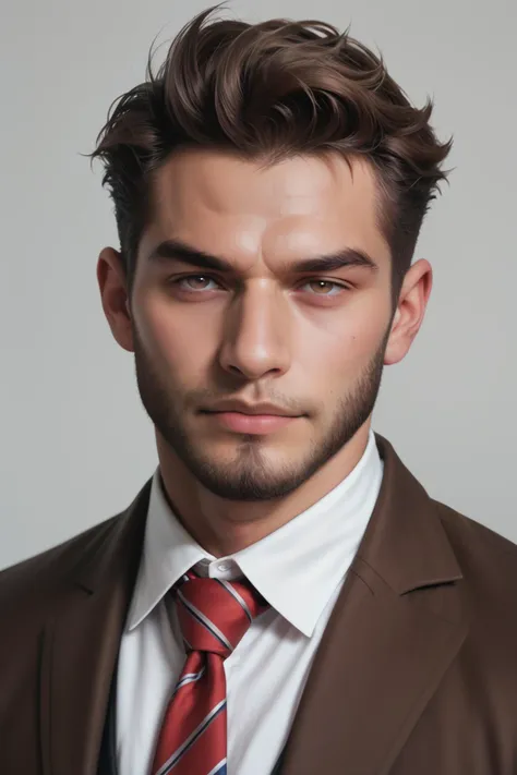 (1 image only), solo male, bara, Chase Devineaux, French, detective, brown hair, short hair, hair slicked back, brown eyes, sideburns, facial hair, broad stubble, white collared shirt, striped brown/red necktie, pure brown suit jacket, pants, mature, handsome, charming, alluring, standing, upper body , perfect anatomy, perfect proportions, (best quality, masterpiece), high_resolution, photorealistic, hyperrealistic, madly detailed photo, hyper-realistic lifelike texture, picture-perfect face, (realistic eyes, perfect eyes, perfect eye pupil), perfect hands, dutch angle