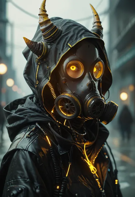 score_9, score_8_up, score_7_up,  looking at viewer, jacket, upper body, side view, horns, hood, yellow eyes, black jacket, mask, glowing, hooded jacket, hood up, zipper, cable, leather, gas mask, cyberpunk, tube, profile, 
 <lora:Gas_mask-000009:0.8>