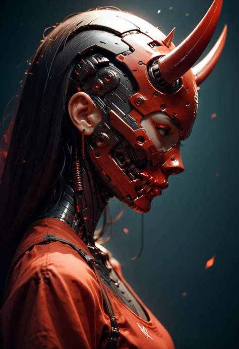 (score_9, score_8_up), score_7_up, 1girl, from side, profile, mask, robot, science fiction, android, cyborg, robot joints, cyberpunk, mechanical parts, mask, blunt bangs, oni, horns, metallic, spikes, white and red theme
<lora:masky-000009:0.85>