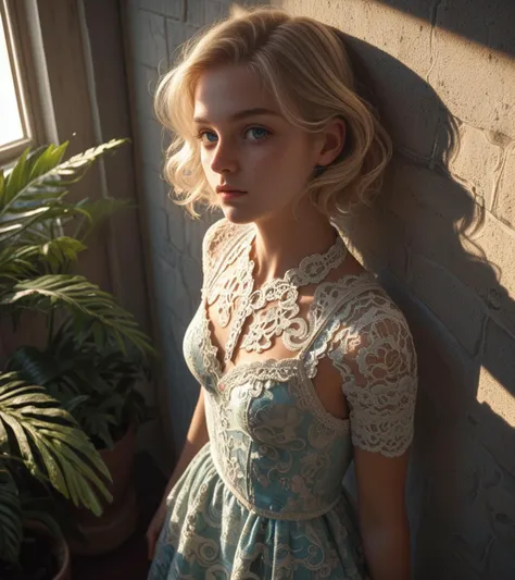 score_9, score_8_up, score_7_up, girl in lace, blonde, young woman, cute, detailed image, chrome, sharp image, realistic, intricate ornate, side lighting, night, low light, wall, tropical vegetation, sophisticated, trimmed hair, kinky dress, lace trim, pale skin, pale blond, blue eyes, freckles, view from above, short hair, rococo outfit, fractal lace, lichen patterns, sunlight, looking away