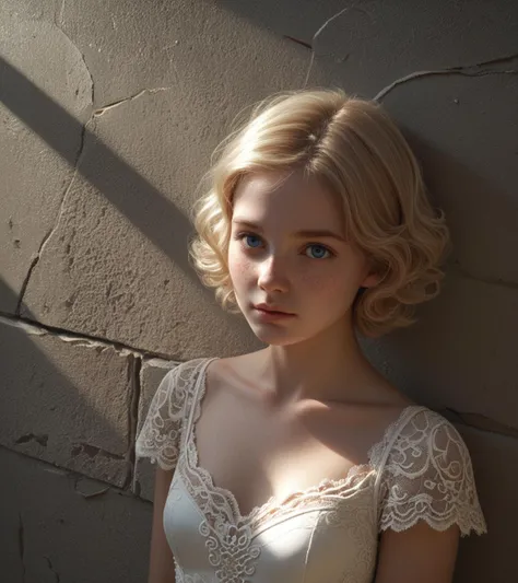 score_9, score_8_up, score_7_up, girl in lace, blonde, young woman, cute, detailed image, chrome, sharp image, realistic, intricate ornate, side lighting, night, low light, wall, simple background, sophisticated, trimmed hair, kinky dress, lace trim, ornate, avantgarde fashion, pale skin, pale blond, blue eyes, freckles, view from above, short hair, rococo outfit, fractal lace, sunlight