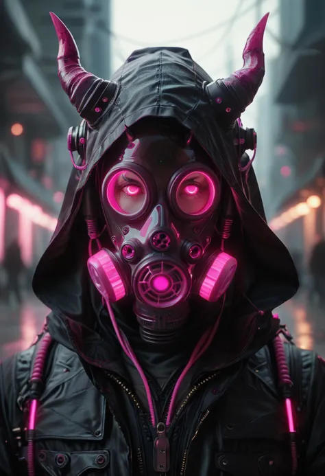 score_9, score_8_up, score_7_up,  looking at viewer, jacket, upper body, horns, hood, pink eyes, black jacket, mask, glowing, hooded jacket, hood up, zipper, cable, leather, gas mask, cyberpunk, tube
 <lora:Gas_mask-000009:0.8>