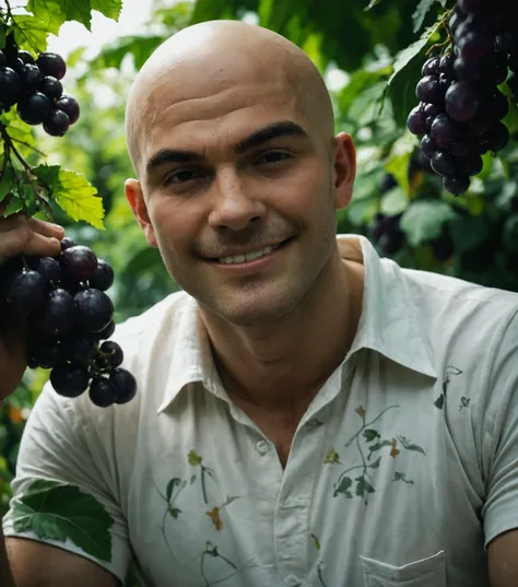 score_9, score_8_up, score_7_up, average italian man, bald, stubble, smirk, juicy fruits, grapes, foliage, summer, dramatic lighting