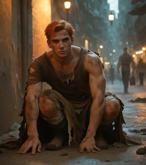 score_9, score_8_up, score_7_up, handsome looking young man, ginger hair, stubble, rugged, dirty, on his knees, 19th century, beggar in the streets, looking at viewer, pleading look, torn clothes, rags, dramatic lighting, twilight, evening