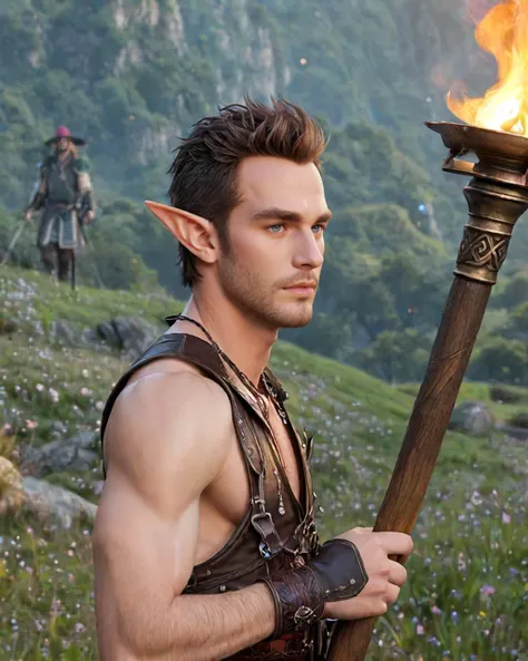 1boy, elf, solo focus, pointed ears, fantasy setting and background, savannah, torch