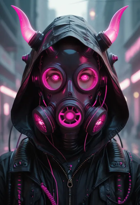 score_9, score_8_up, score_7_up,  looking at viewer, jacket, upper body, horns, hood, pink eyes, black jacket, mask, glowing, hooded jacket, hood up, zipper, cable, leather, gas mask, cyberpunk, tube
<lora:Gas_mask:0.8>