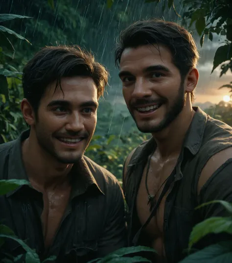 score_9, score_8_up, score_7_up, 2boys, two hunky brazilian botanists, facial hair, excited, happy, discovering new plant species in the jungle, rain, sunset, dramatic lighting