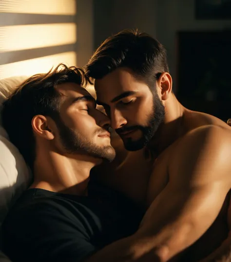 score_9, score_8_up, score_7_up, 2boys, portrait of a male couple, facial hair, relaxed, cuddling, intimate moment, dark bedroom, dramatic lighting, night