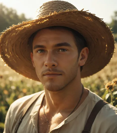 score_9, score_8_up, score_7_up, portrait of a man, farmer, tanned, straw hat, working in the fields, natural light, soft shadows, cinematic lighting